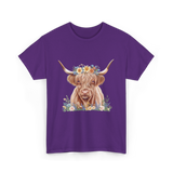 Highland Cow With Flowers Cow T-Shirt - Purple