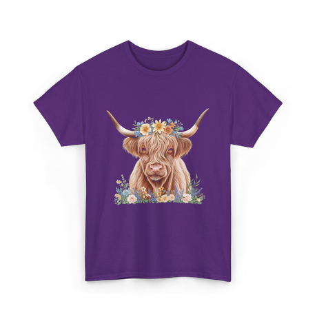 Highland Cow With Flowers Cow T-Shirt - Purple