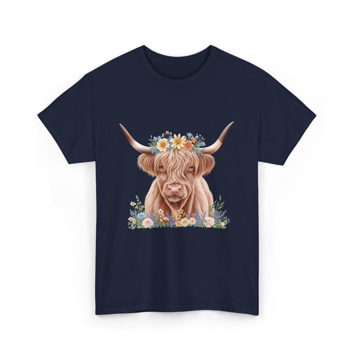 Highland Cow With Flowers Cow T-Shirt - Navy