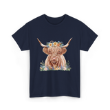 Highland Cow With Flowers Cow T-Shirt - Navy