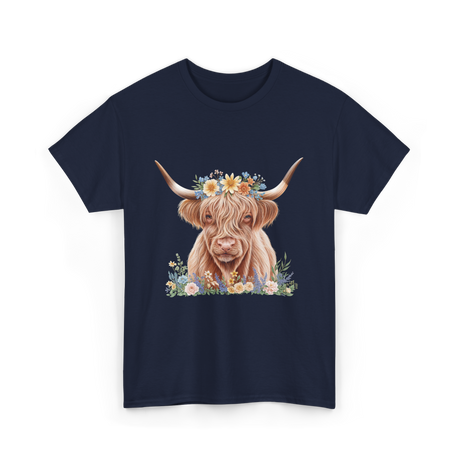 Highland Cow With Flowers Cow T-Shirt - Navy