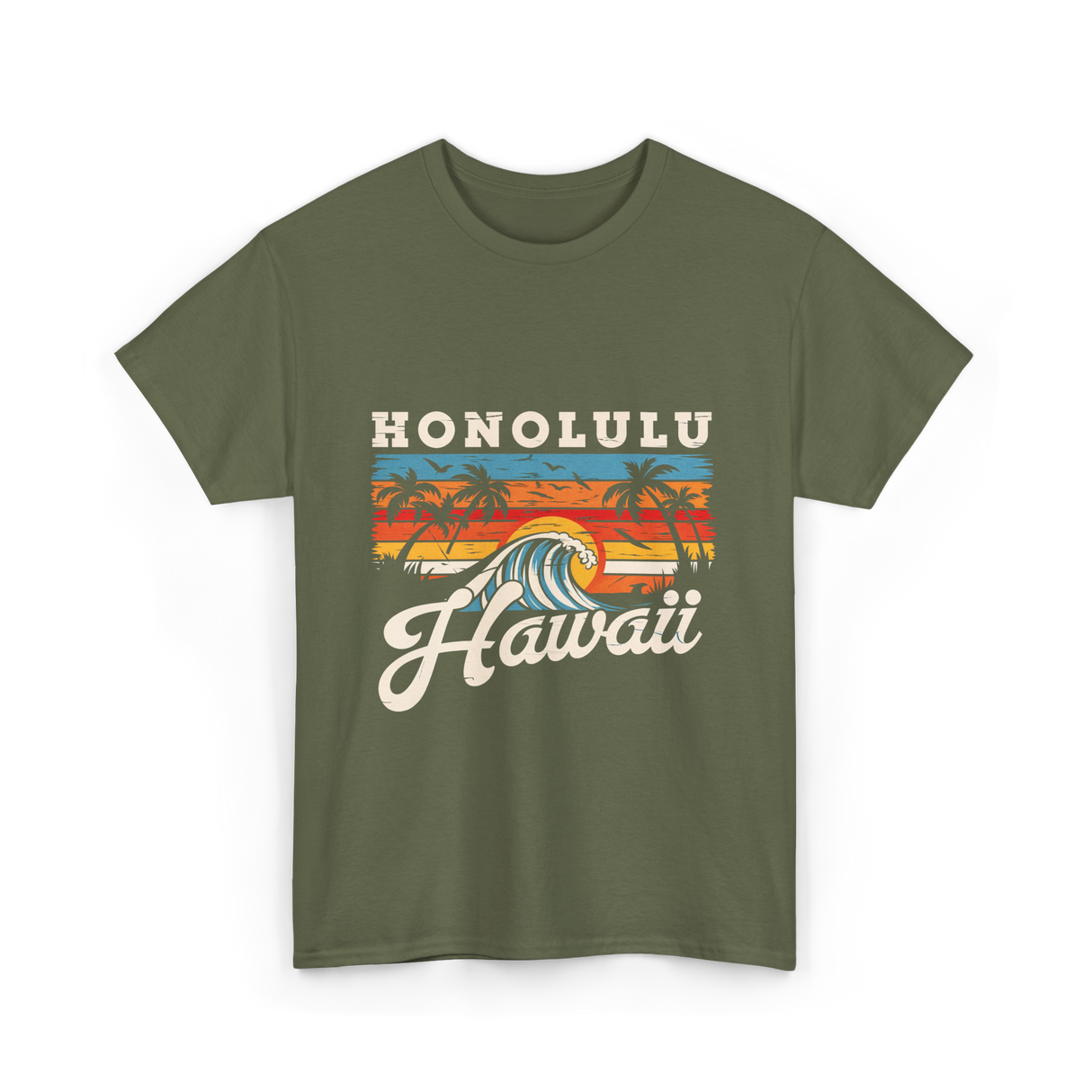 Honolulu Hawaii Waves Surfing T-Shirt - Military Green