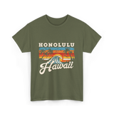 Honolulu Hawaii Waves Surfing T-Shirt - Military Green