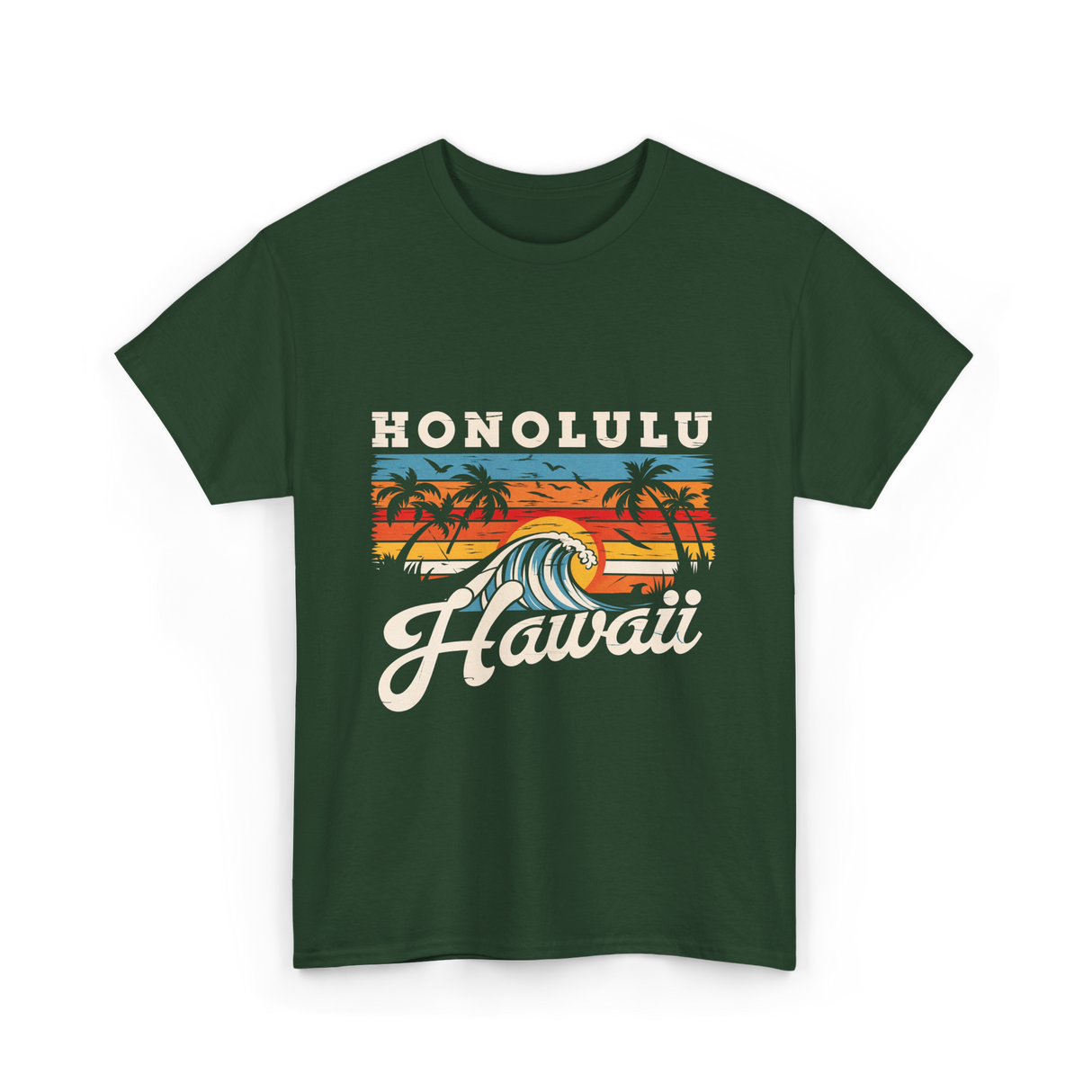 Honolulu Hawaii Waves Surfing T-Shirt - Forest Green