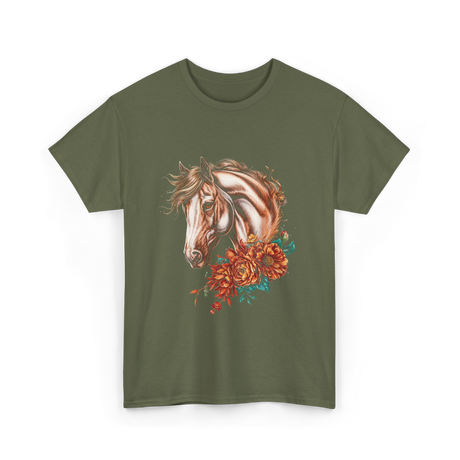 Horse Floral Love Equine T-Shirt - Military Green