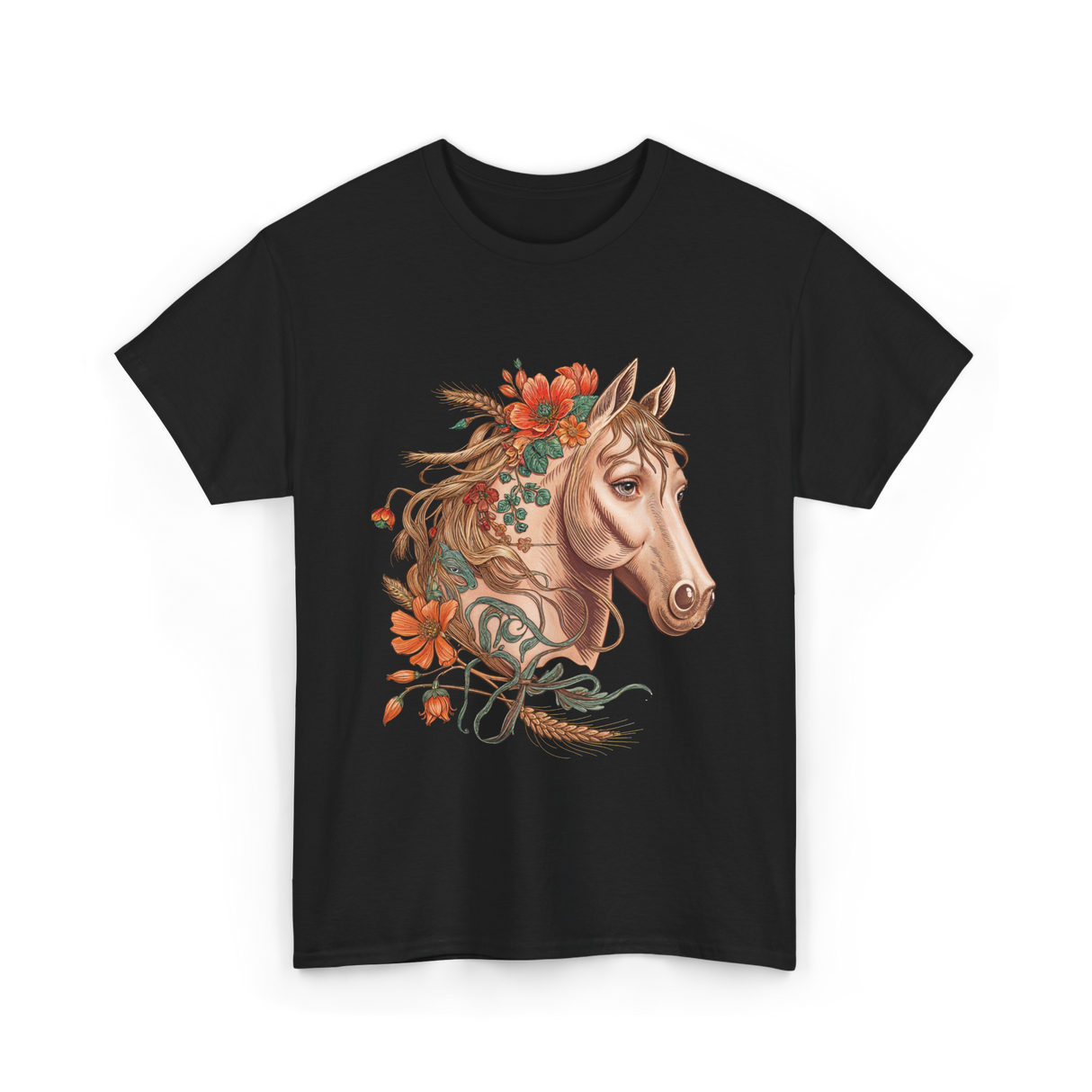 Horse Portrait Floral Equestrian T-Shirt - Black