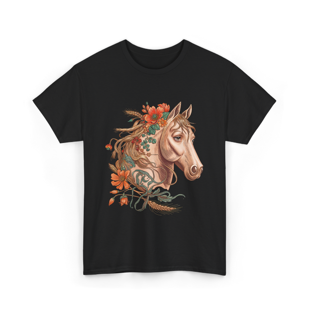 Horse Portrait Floral Equestrian T-Shirt - Black