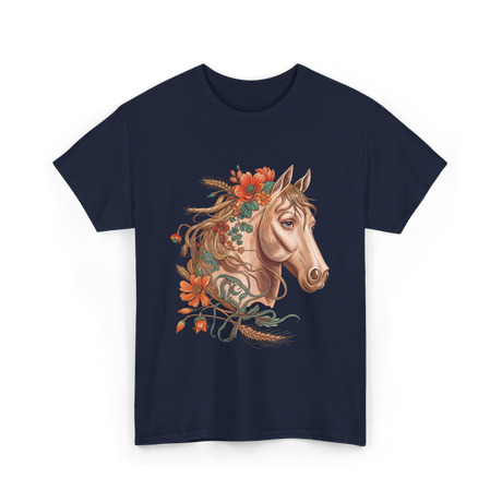 Horse Portrait Floral Equestrian T-Shirt - Navy