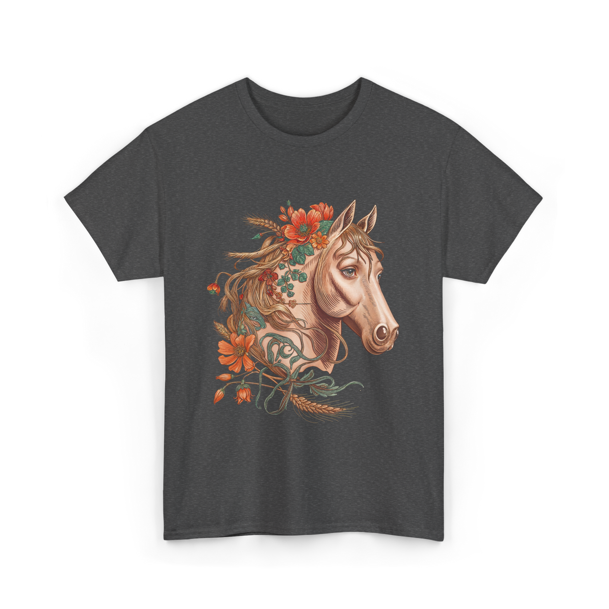 Horse Portrait Floral Equestrian T-Shirt - Dark Heather