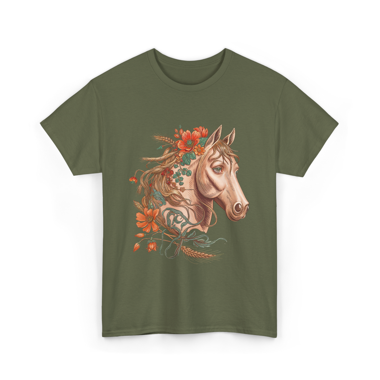 Horse Portrait Floral Equestrian T-Shirt - Military Green