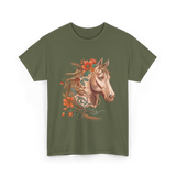 Horse Portrait Floral Equestrian T-Shirt - Military Green