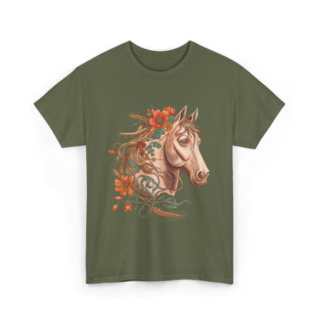 Horse Portrait Floral Equestrian T-Shirt - Military Green