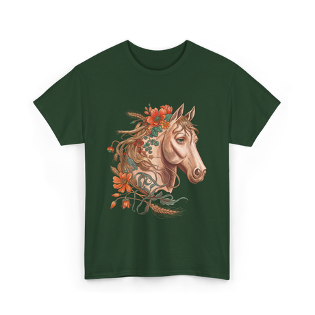 Horse Portrait Floral Equestrian T-Shirt - Forest Green