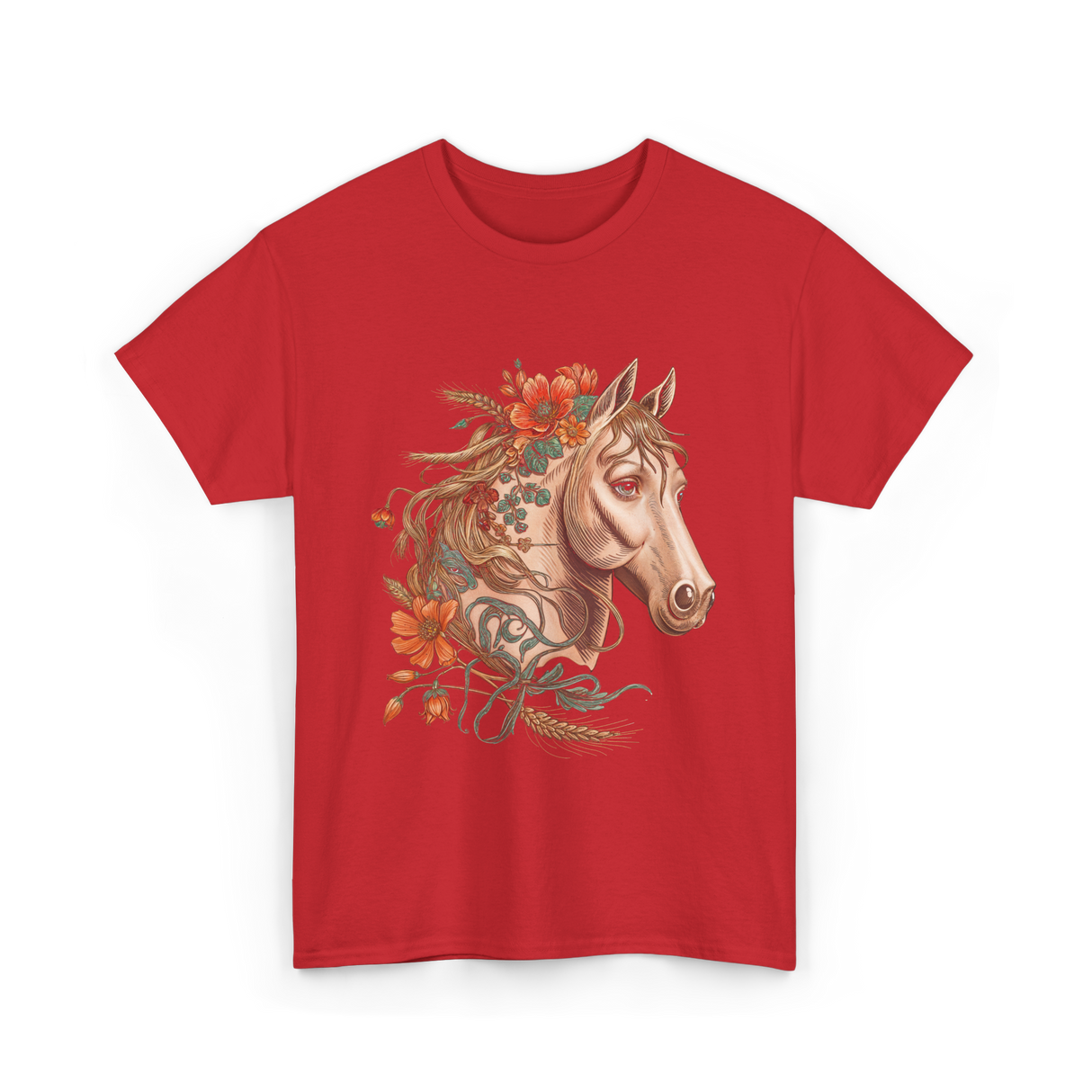 Horse Portrait Floral Equestrian T-Shirt - Red