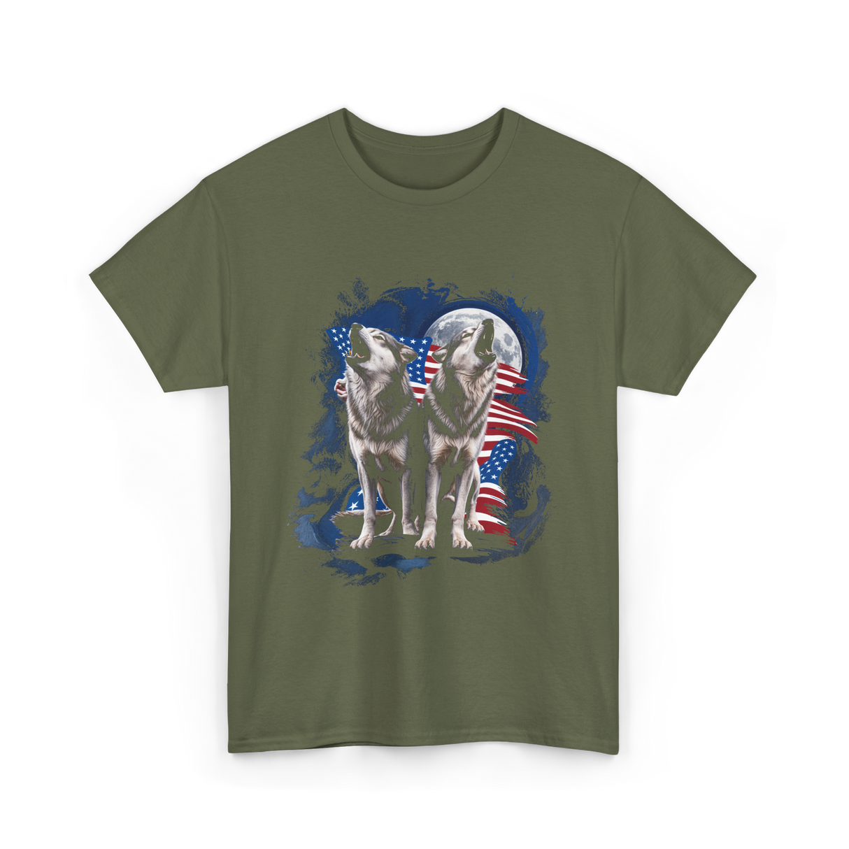 Howling Wolves American Flag T-Shirt - Military Green