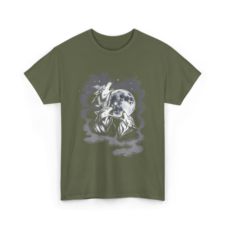 Howling Wolves Moon Animal T-Shirt - Military Green