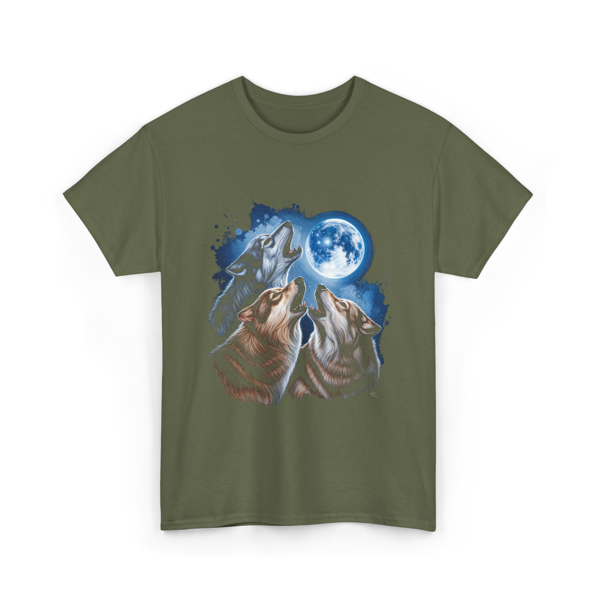 Howling Wolves Moon T-Shirt - Military Green