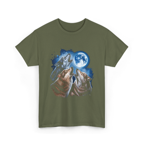 Howling Wolves Moon T-Shirt - Military Green