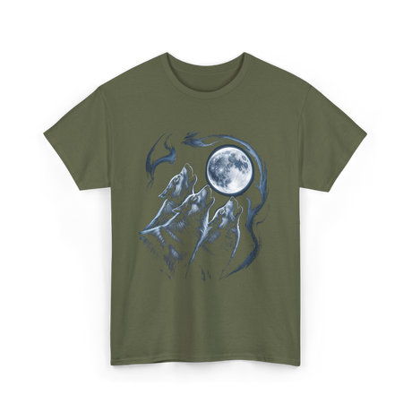 Howling Wolves Moon Wildlife T-Shirt - Military Green