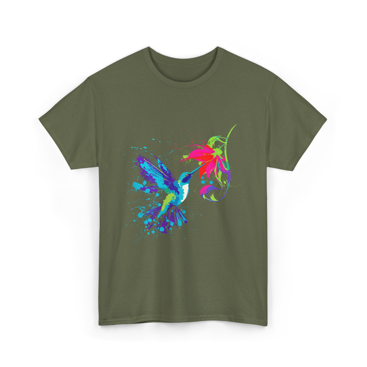 Hummingbird and Flower Birdwatching Hummingbirds T-Shirt - Military Green