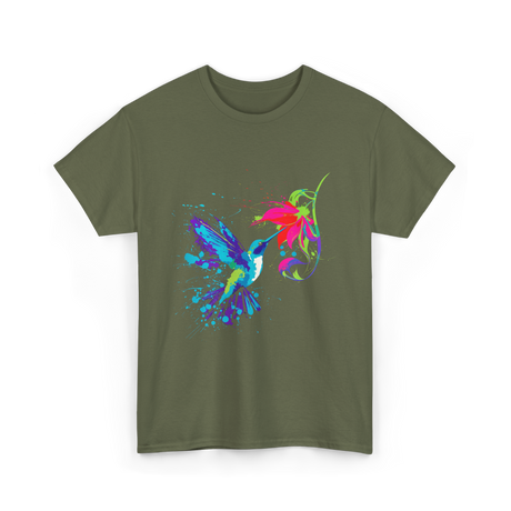 Hummingbird and Flower Birdwatching Hummingbirds T-Shirt - Military Green