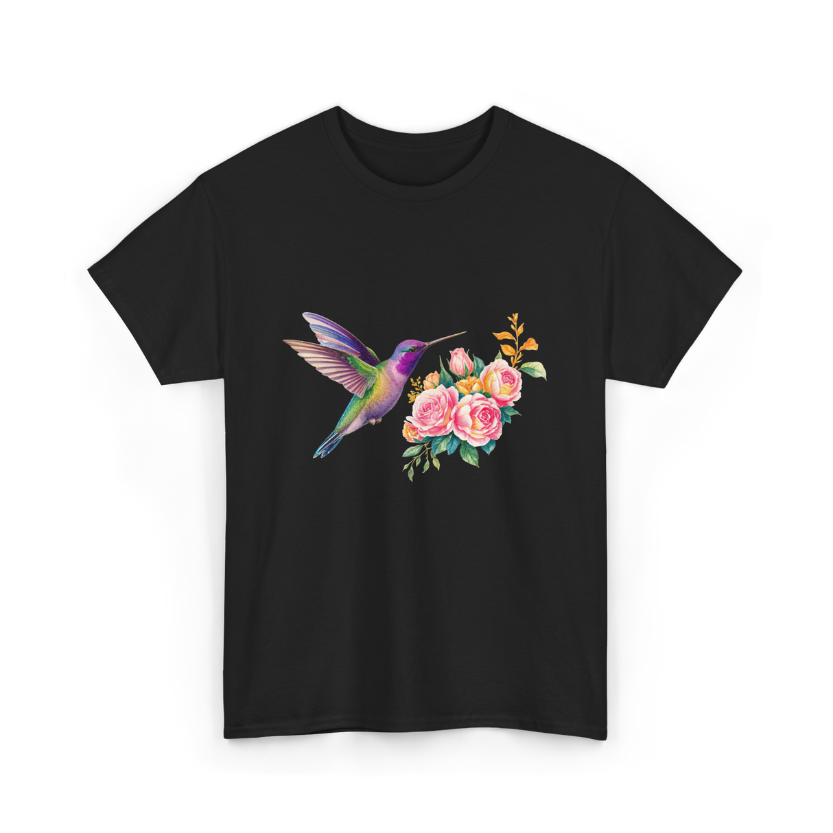 Hummingbird and Flowers Nature T-Shirt - Black