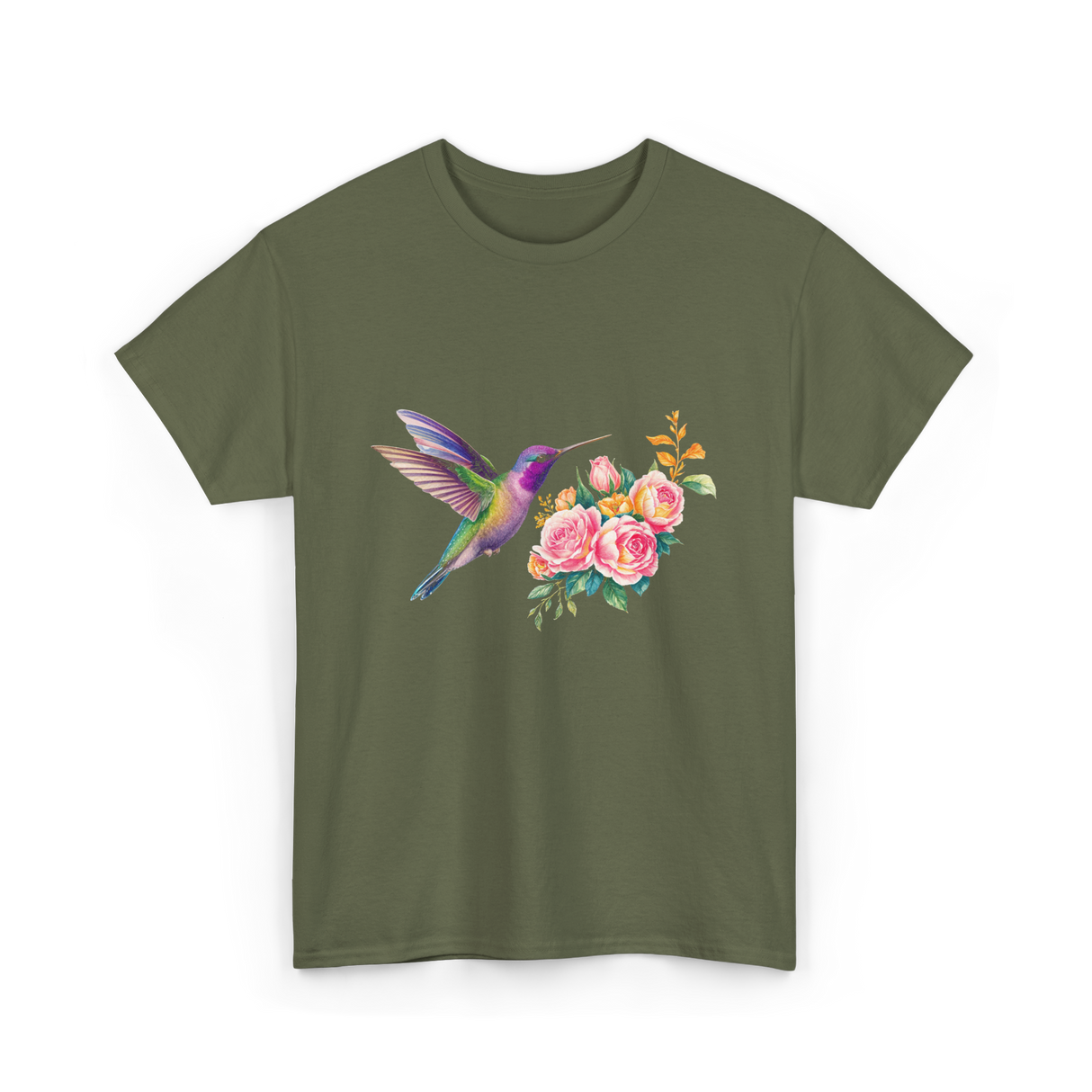 Hummingbird and Flowers Nature T-Shirt - Military Green