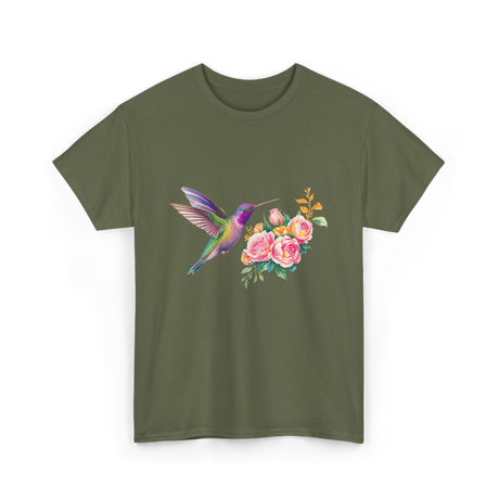 Hummingbird and Flowers Nature T-Shirt - Military Green