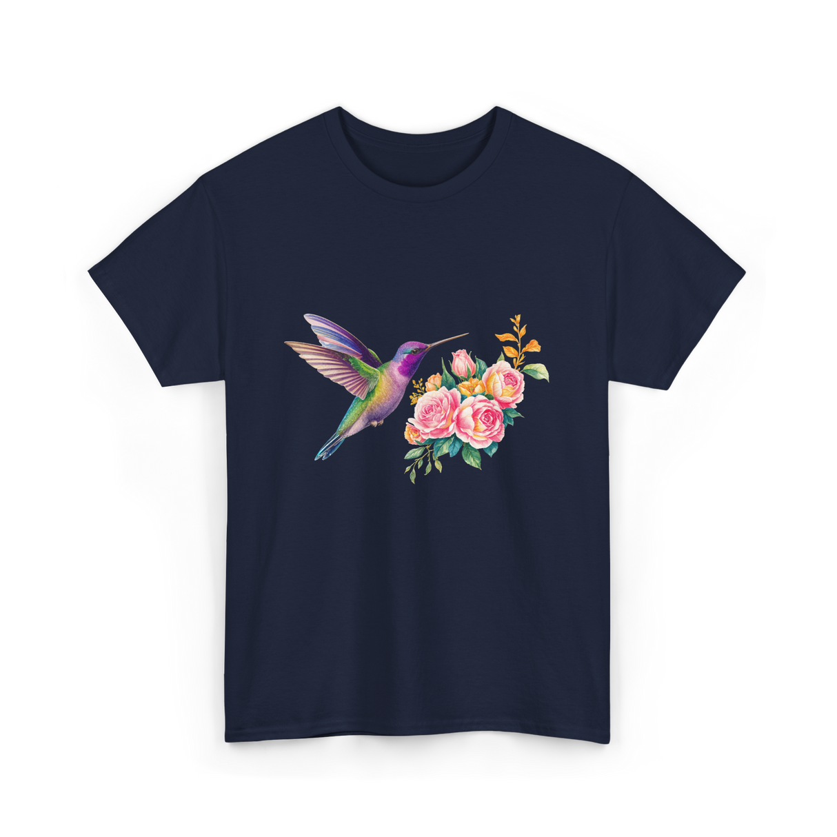 Hummingbird and Flowers Nature T-Shirt - Navy