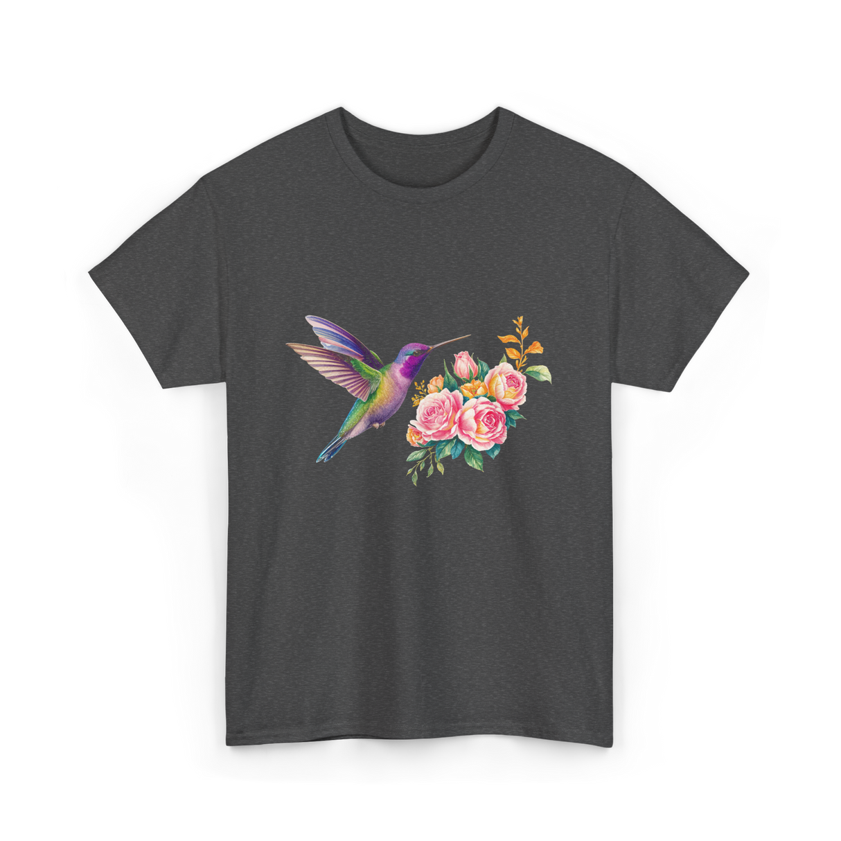 Hummingbird and Flowers Nature T-Shirt - Dark Heather