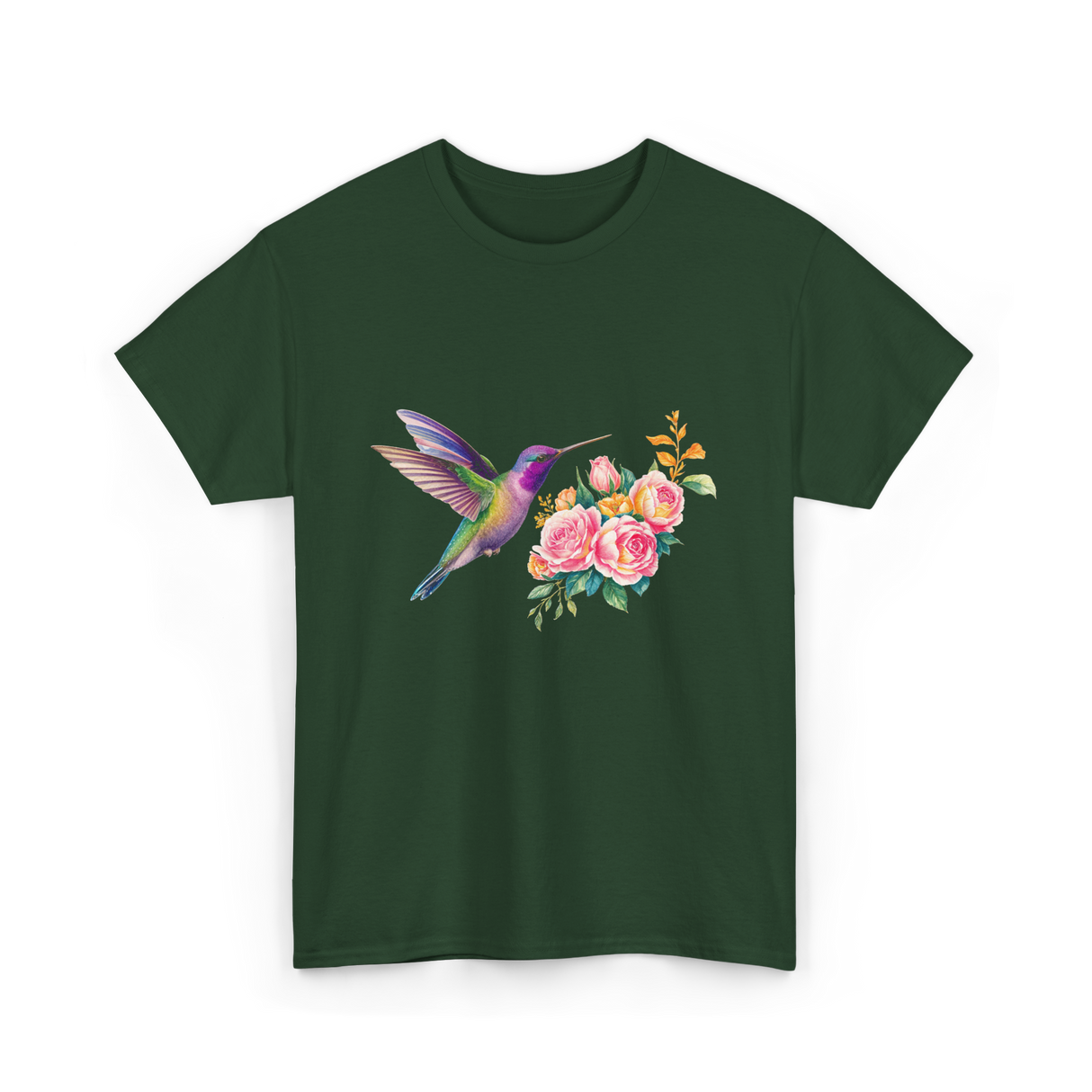 Hummingbird and Flowers Nature T-Shirt - Forest Green