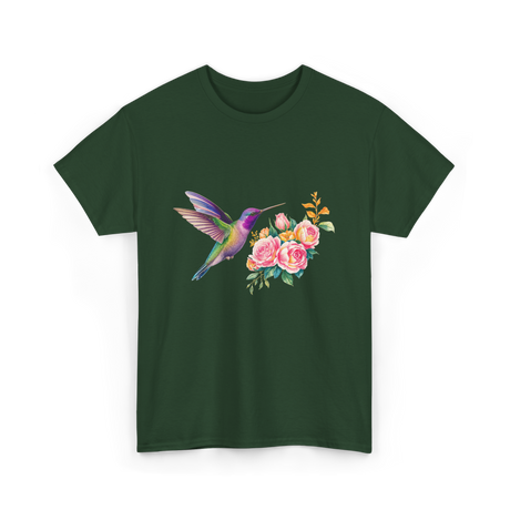 Hummingbird and Flowers Nature T-Shirt - Forest Green