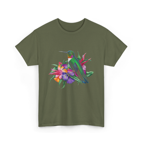 Hummingbird Floral Birding Watchers T-Shirt - Military Green