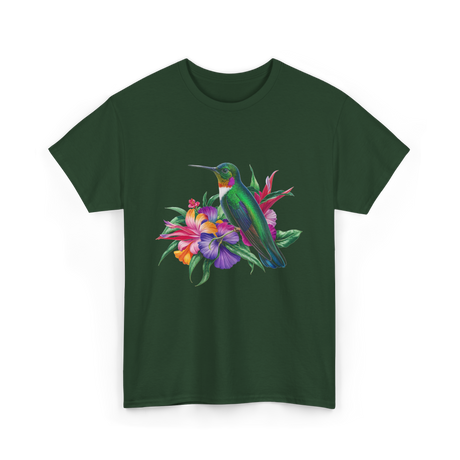 Hummingbird Floral Birding Watchers T-Shirt - Forest Green