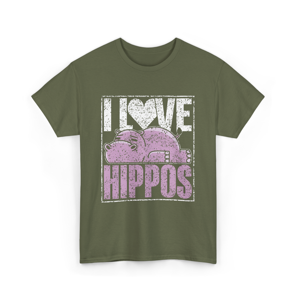 I Love Hippos Hippopotamus Cute T-Shirt - Military Green