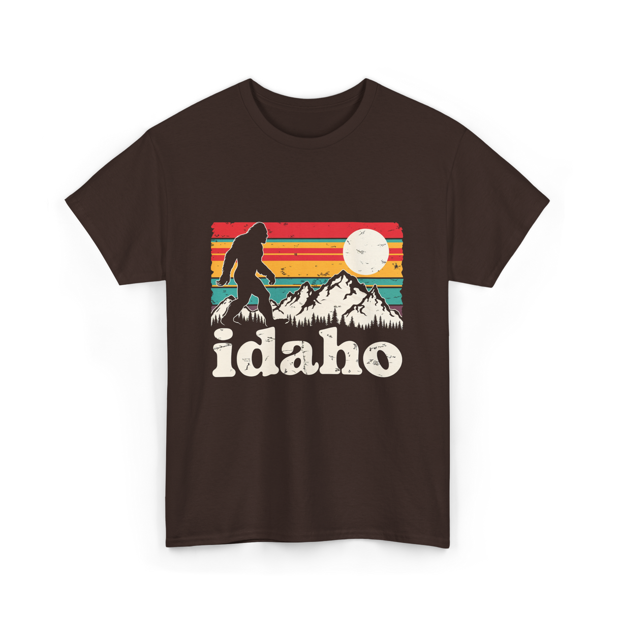 Idaho Bigfoot Retro Mountains T-Shirt - Dark Chocolate