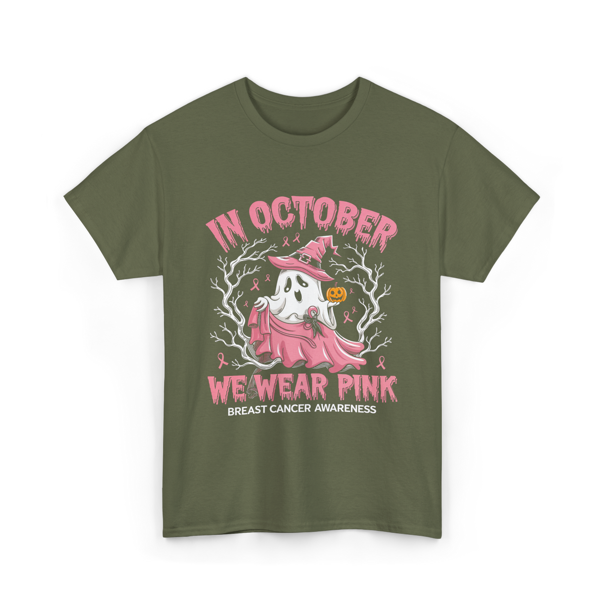 In October We Wear Pink Breast Cancer Awareness T-Shirt - Military Green