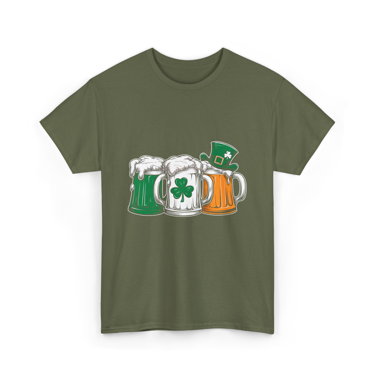 Irish Beer Mugs St Patrick's Day T-Shirt - Military Green