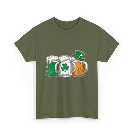 Irish Beer Mugs St Patrick's Day T-Shirt - Military Green