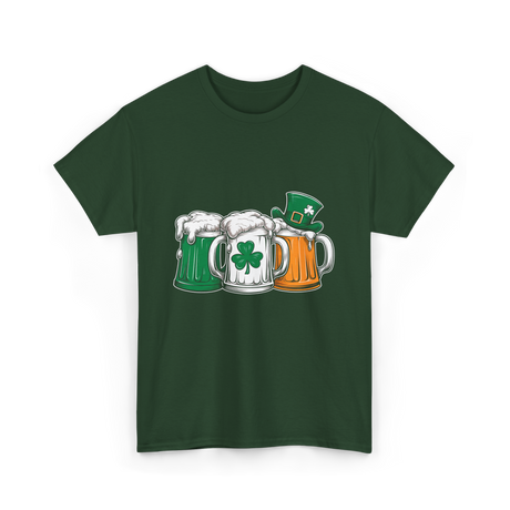 Irish Beer Mugs St Patrick's Day T-Shirt - Forest Green