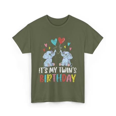 It's My Twin's Birthday Elephant T-Shirt - Military Green