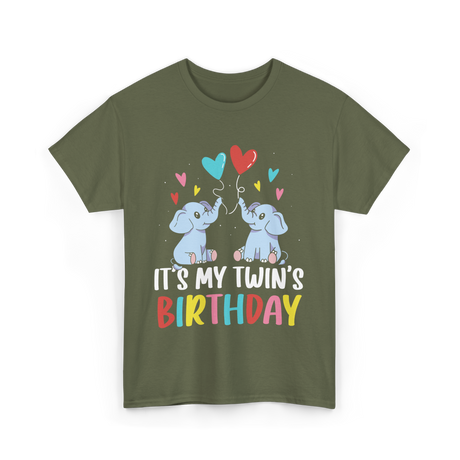 It's My Twin's Birthday Elephants T-Shirt - Military Green