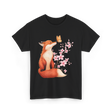 Japanese Fox Cherry Blossom Kawaii T-Shirt - Black