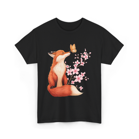 Japanese Fox Cherry Blossom Kawaii T-Shirt - Black