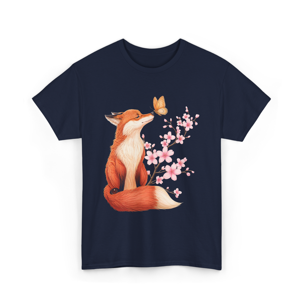 Japanese Fox Cherry Blossom Kawaii T-Shirt - Navy