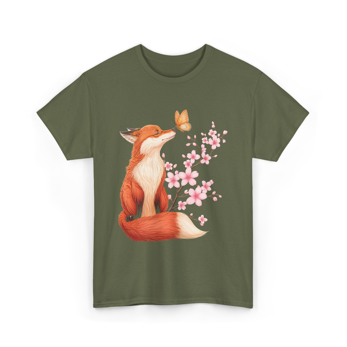 Japanese Fox Cherry Blossom Kawaii T-Shirt - Military Green