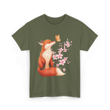 Japanese Fox Cherry Blossom Kawaii T-Shirt - Military Green