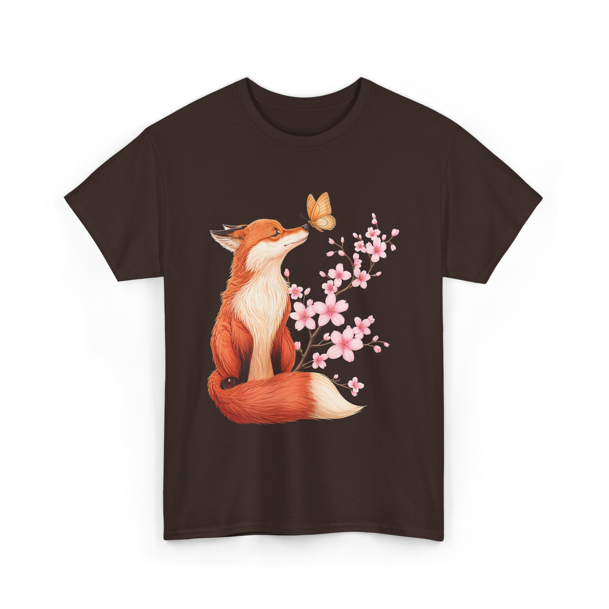 Japanese Fox Cherry Blossom Kawaii T-Shirt - Dark Chocolate