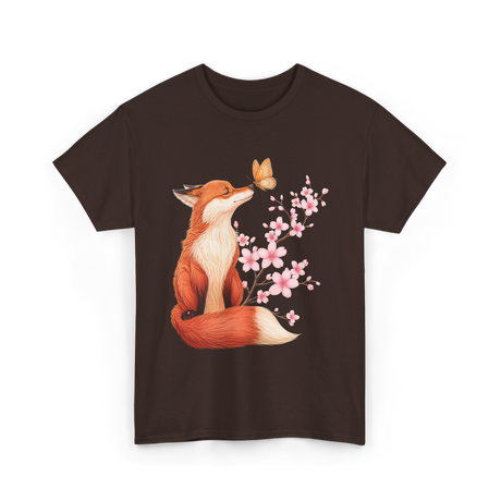 Japanese Fox Cherry Blossom Kawaii T-Shirt - Dark Chocolate