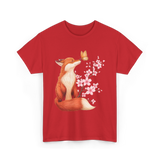 Japanese Fox Cherry Blossom Kawaii T-Shirt - Red